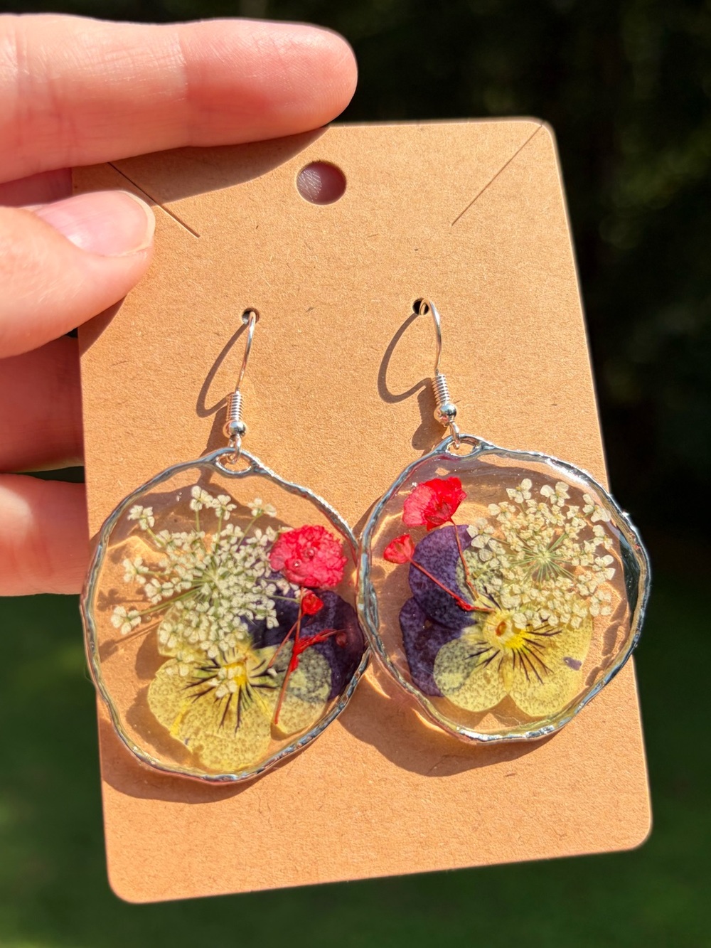 E29 Handmade Real Pressed Flower Resin Earrings Silver Floral Botanical Jewelry